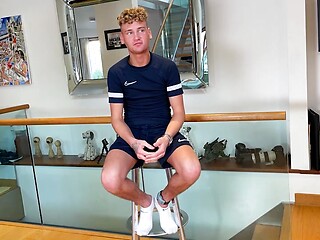Young Slim & Blond Lad gets his Uncut Cock Wanked & he Shoots Cum all over his Abs!